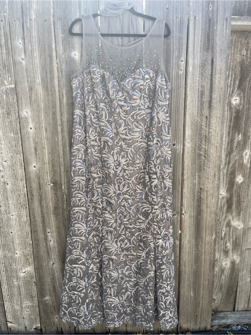 Embellished Silver-Gray Evening Dress with Sheer Neckline